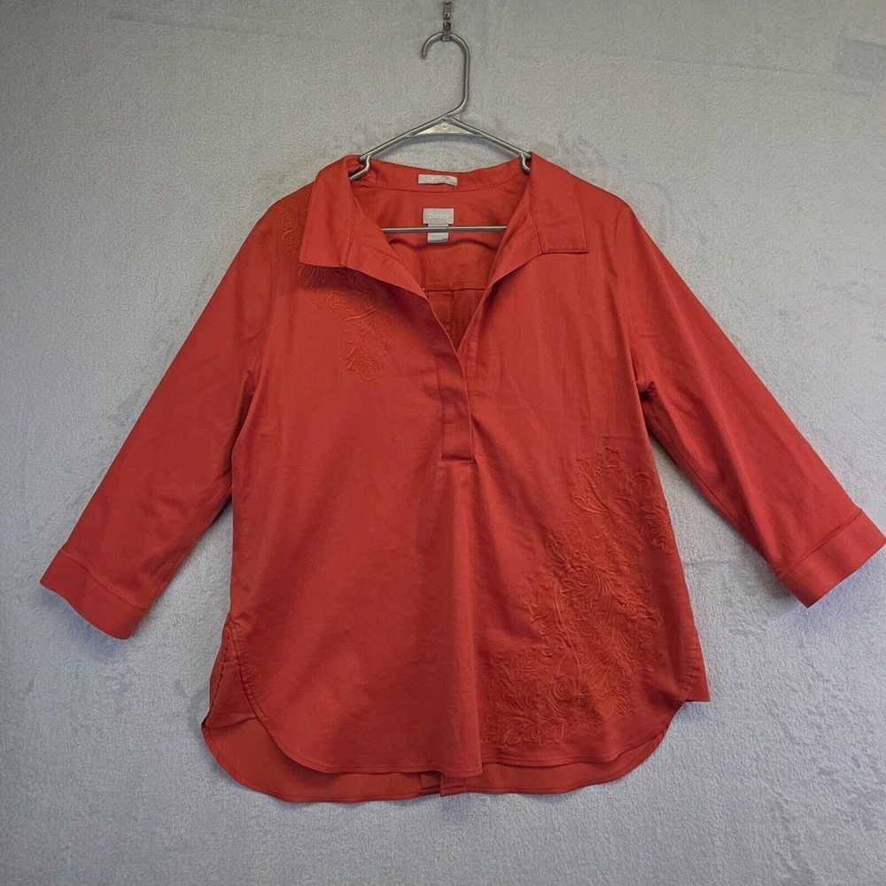 Chicos Top Womens M US 8 Orange No Iron Stretch Floral Embroidered Boho Tunic